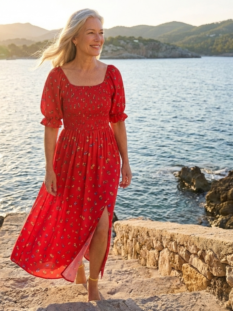 Delphine | Abito midi con scollo quadrato e motivo floreale