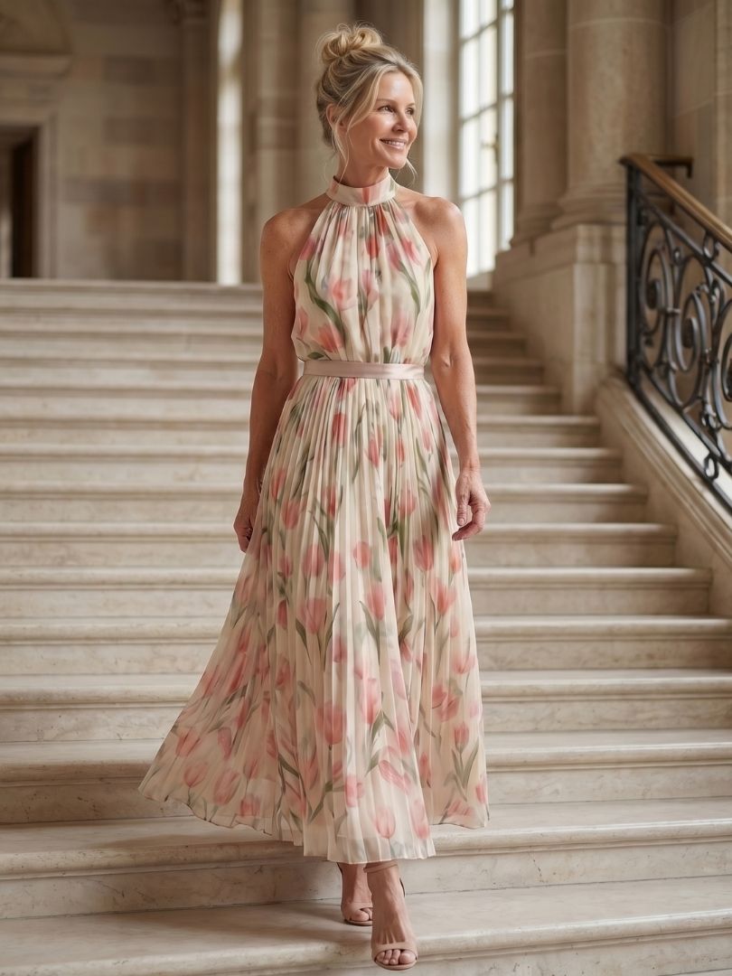 Aurelle | Abito midi a fiori con collo alla schiava