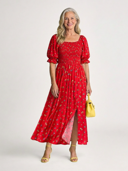 Delphine | Abito midi con scollo quadrato e motivo floreale