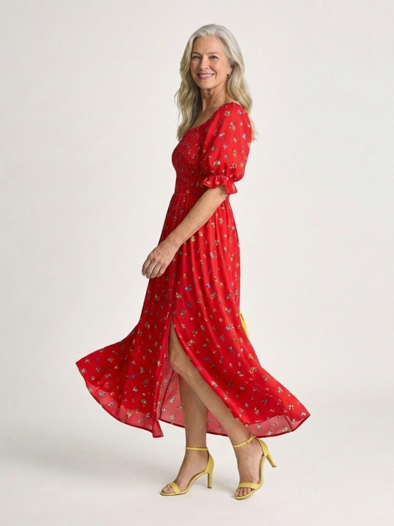 Delphine | Abito midi con scollo quadrato e motivo floreale