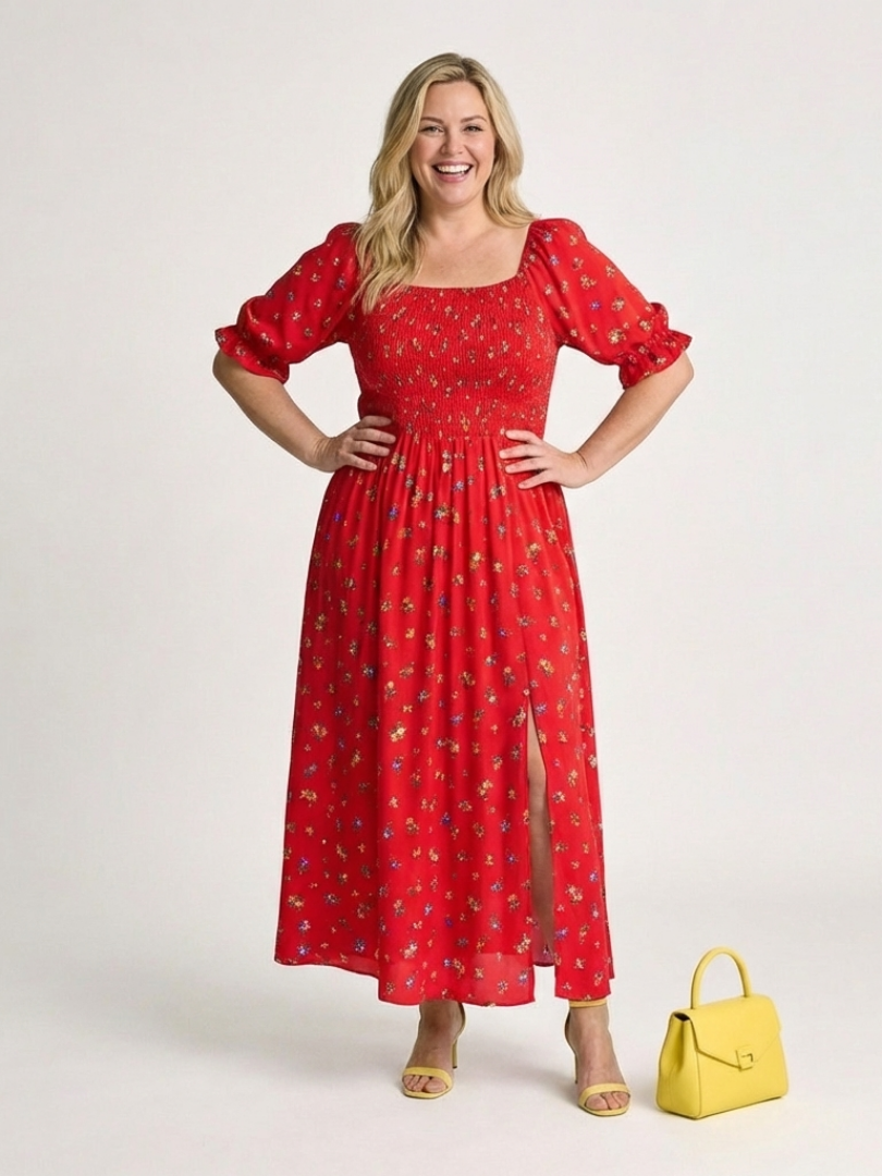 Delphine | Abito midi con scollo quadrato e motivo floreale