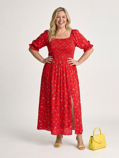 Delphine | Abito midi con scollo quadrato e motivo floreale