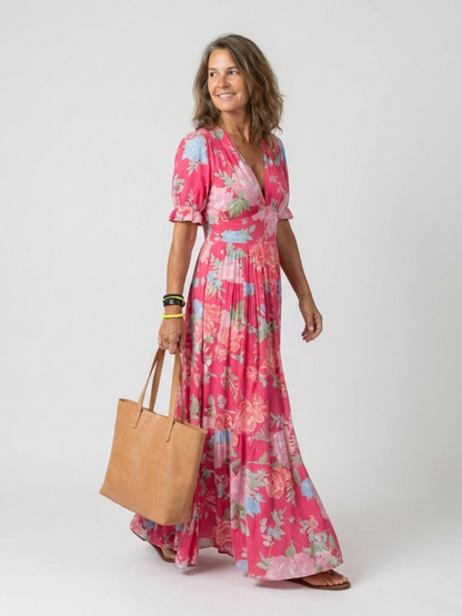 Ione | Abito midi a fiori senza maniche con scollo a V