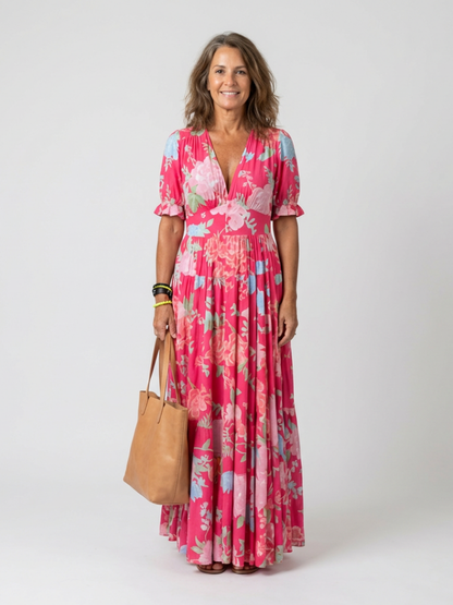 Ione | Abito midi a fiori senza maniche con scollo a V