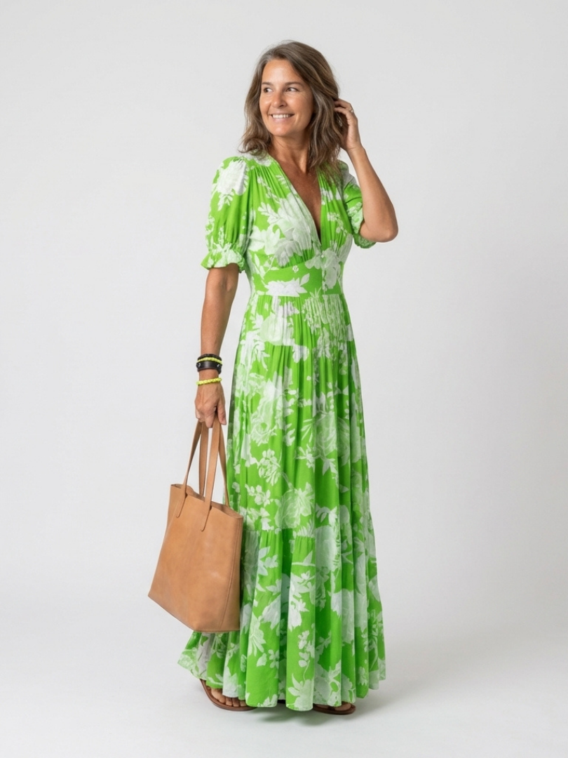 Ione | Abito midi a fiori senza maniche con scollo a V