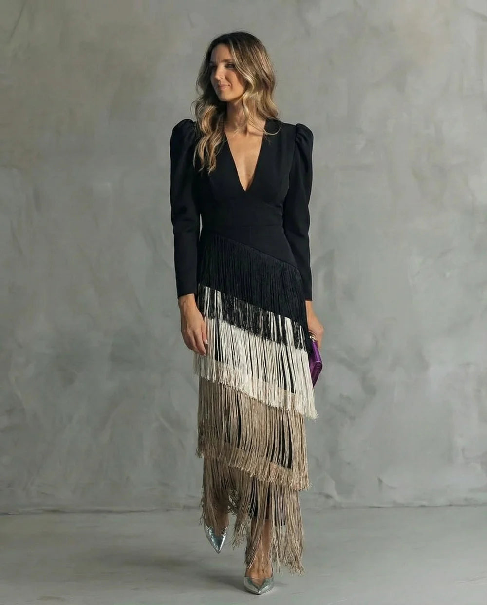 Clara™ | Abito midi elegante con maniche a frange