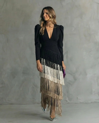 Clara™ | Abito midi elegante con maniche a frange
