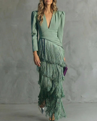 Clara™ | Abito midi elegante con maniche a frange