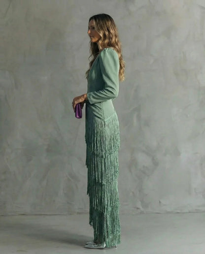 Clara™ | Abito midi elegante con maniche a frange