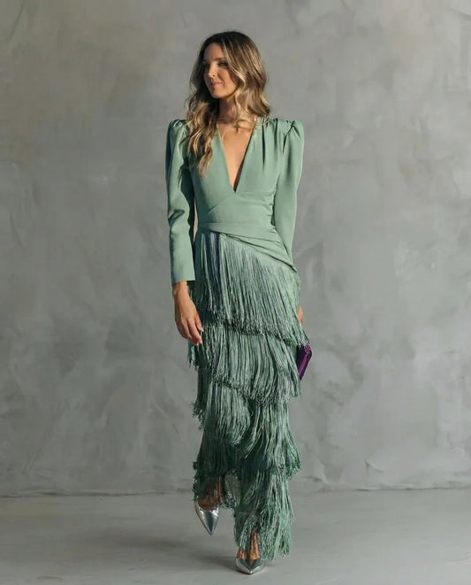 Clara™ | Abito midi elegante con maniche a frange